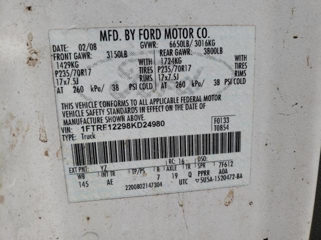 1FTRF12298KD24980 - 2008 FORD F150 WHITE photo 10