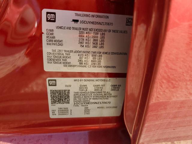 1GCUYHED5NZ170670 - 2022 CHEVROLET SILVERADO RED photo 12