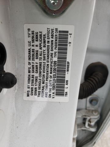 19XFC2F85LE001599 - 2020 HONDA CIVIC SPOR WHITE photo 10