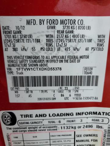 1FTVW1CTXDKD55378 - 2013 FORD F150 SUPER RED photo 12