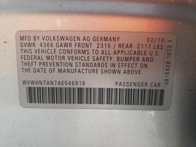 WVWHN7AN7AE546919 - 2010 VOLKSWAGEN CC LUXURY SILVER photo 12