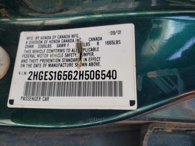 2HGES16562H506540 - 2002 HONDA CIVIC LX GREEN photo 10