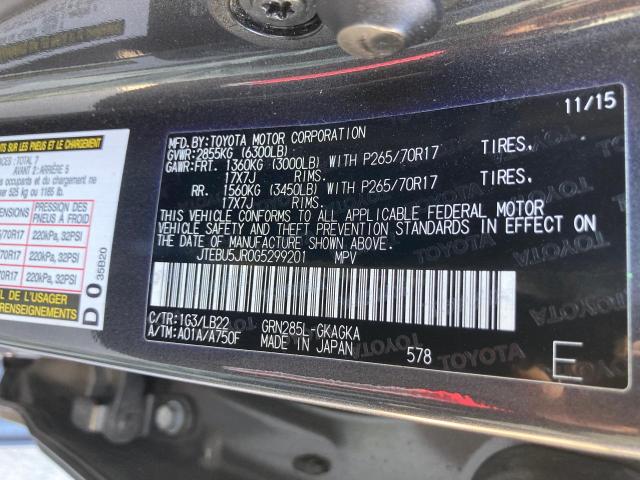 JTEBU5JR0G5299201 - 2016 TOYOTA 4RUNNER SR 灰色 照片 10