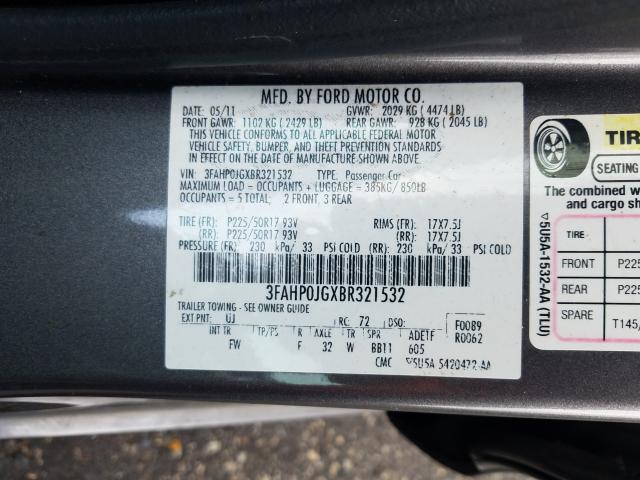 3FAHP0JGXBR321532 - 2011 FORD FUSION SEL WHITE photo 10