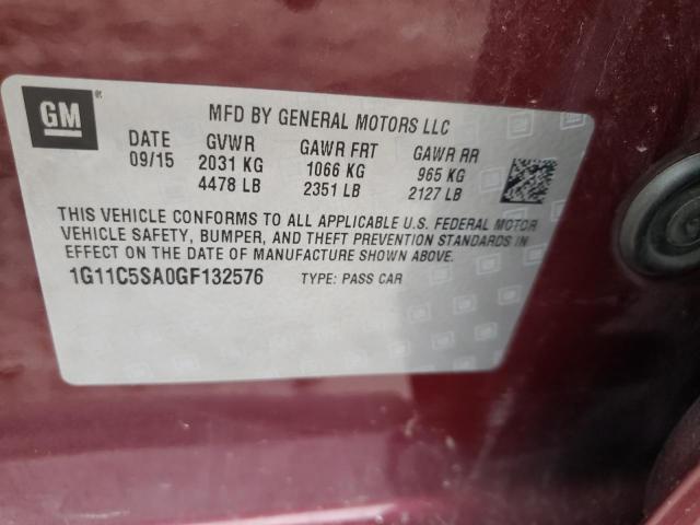 1G11C5SA0GF132576 - 2016 CHEVROLET MALIBU LIM MAROON photo 10