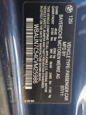 WBAUN7C54CVM25986 - 2012 BMW 135 I BLUE photo 12