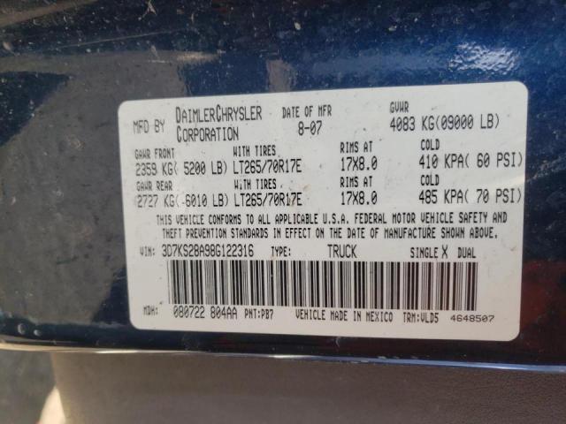 3D7KS28A98G122316 - 2008 DODGE RAM 2500 S Կապույտ լուսանկար 10