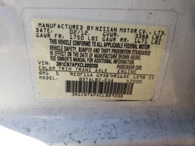 3N1CN7APXCL889208 - 2012 NISSAN VERSA WHITE photo 10