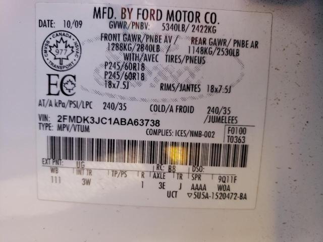 2FMDK3JC1ABA63738 - 2010 FORD EDGE SEL WHITE photo 10