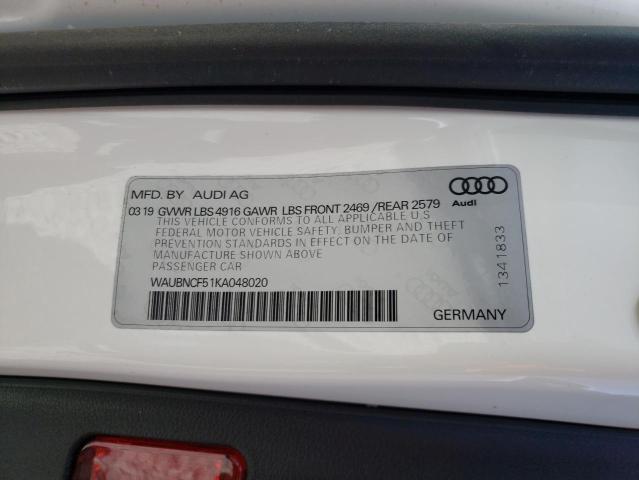 WAUBNCF51KA048020 - 2019 AUDI A5 PREMIUM WHITE photo 10