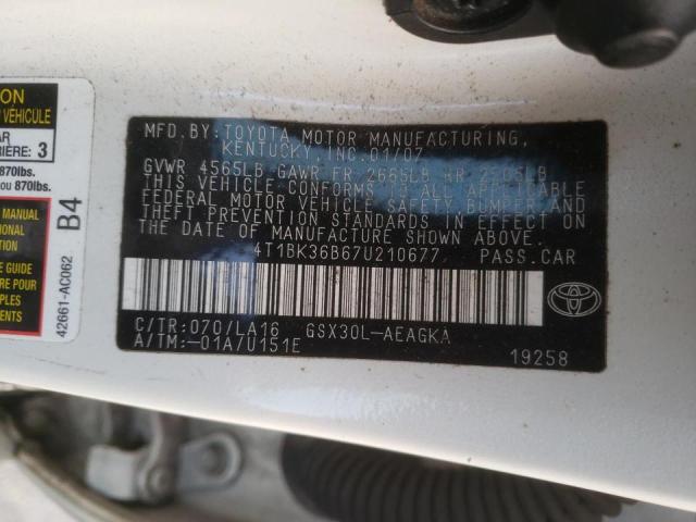 4T1BK36B67U210677 - 2007 TOYOTA AVALON XLS WHITE photo 10