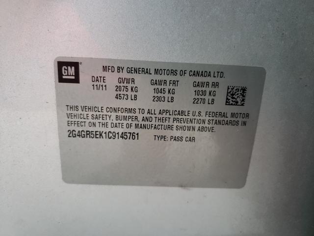 2G4GR5EK1C9145761 - 2012 BUICK REGAL SILVER photo 10