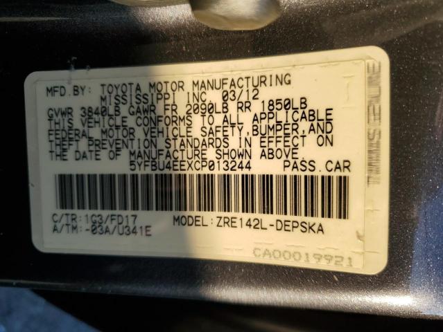 5YFBU4EEXCP013244 - 2012 TOYOTA COROLLA BA 灰色 照片 12