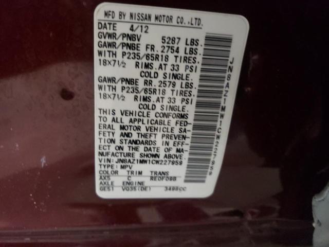 JN8AZ1MW1CW227959 - 2012 NISSAN MURANO S BURGUNDY photo 10