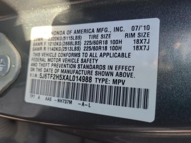 5J6TF2H5XAL014988 - 2010 HONDA ACCORD CRO GRAY photo 10