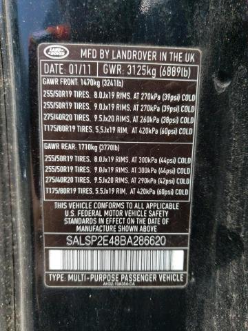 SALSP2E48BA286620 - 2011 LAND ROVER RANGE ROVE BLACK photo 10