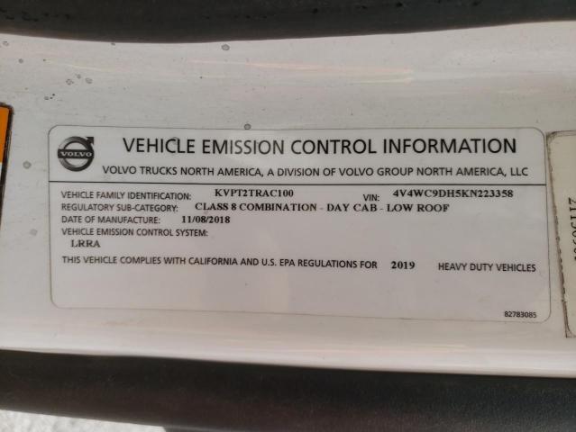 4V4WC9DH5KN223358 - 2019 VOLVO VNR WHITE photo 10