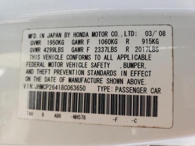 JHMCP26418C063650 - 2008 HONDA ACCORD LXP WHITE photo 10