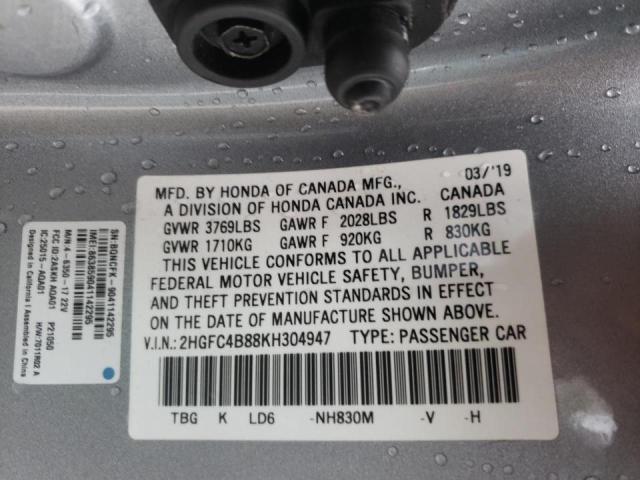 2HGFC4B88KH304947 - 2019 HONDA CIVIC SPOR GRAY photo 10