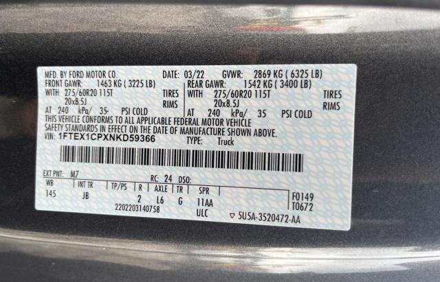 1FTEX1CPXNKD59366 - 2022 FORD F150 SUPER GRAY photo 10