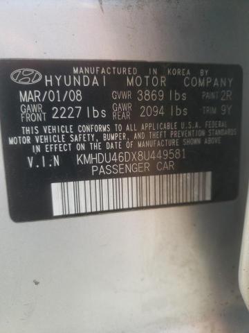 KMHDU46DX8U449581 - 2008 HYUNDAI ELANTRA SILVER photo 10