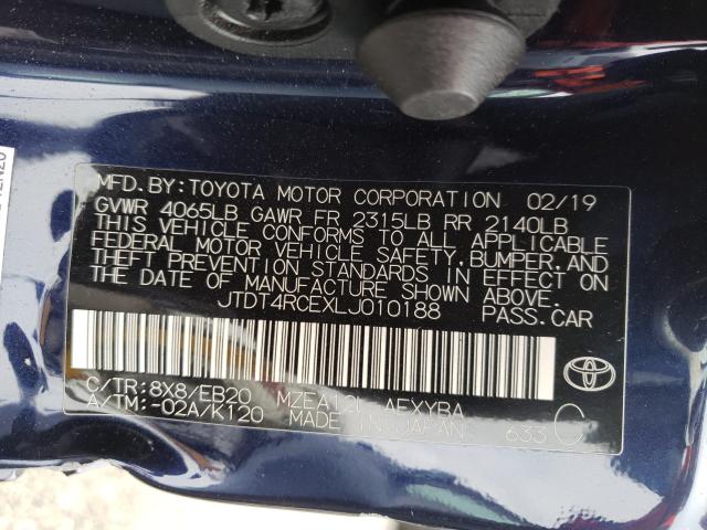 JTDT4RCEXLJ010188 - 2020 TOYOTA COROLLA XS BLUE photo 10