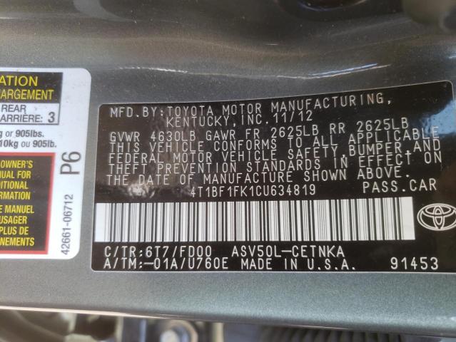 4T1BF1FK1CU634819 - 2012 TOYOTA CAMRY LE A GRAY photo 10