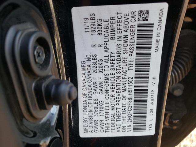 2HGFC2F88LH511502 - 2020 HONDA CIVIC SPOR 黑色 照片 10