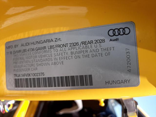 TRUA1AFV0K1002375 - 2019 AUDI TTS YELLOW photo 10