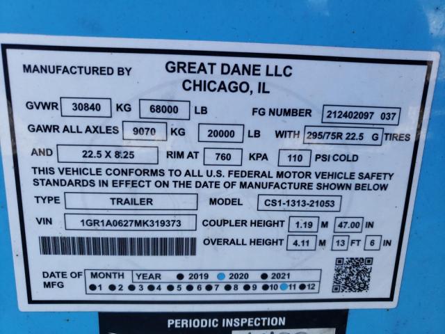 1GR1A0627MK319373 - 2021 GREAT DANE TRAILER DRY 53FT BLUE photo 10