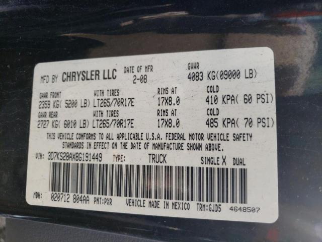 3D7KS28AX8G191449 - 2008 DODGE RAM 2500 S BLACK photo 10