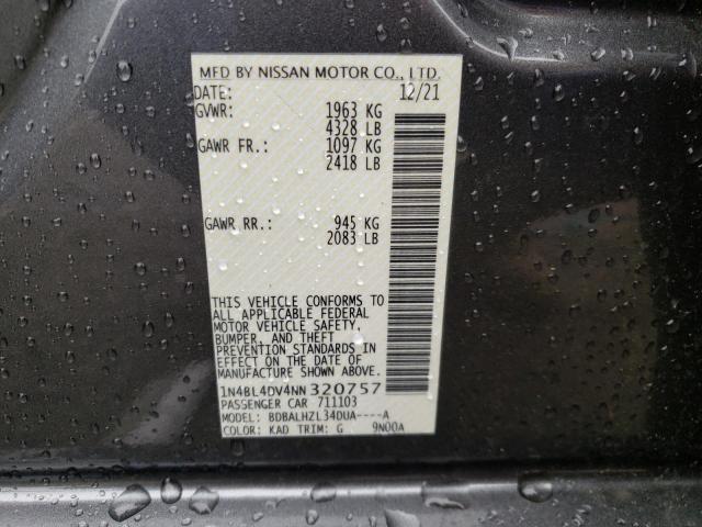 1N4BL4DV4NN320757 - 2022 NISSAN ALTIMA SV GRAY photo 10