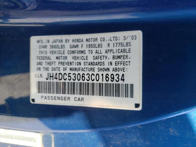 JH4DC53063C016934 - 2003 ACURA RSX TYPE-S BLUE photo 10