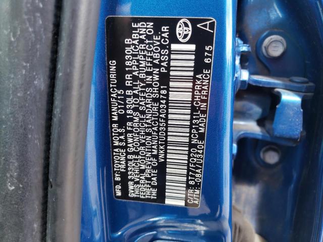 VNKKTUD35FA034781 - 2015 TOYOTA YARIS BLUE photo 10