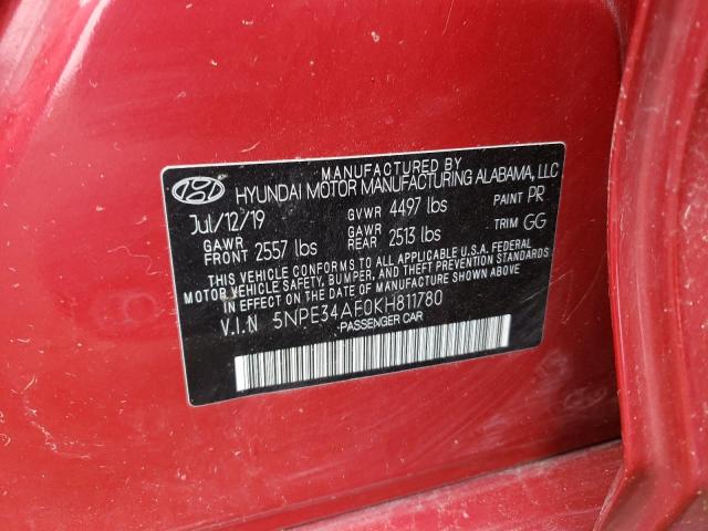 5NPE34AF0KH811780 - 2019 HYUNDAI SONATA LIM RED photo 10