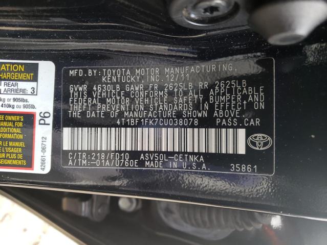 4T1BF1FK7CU038078 - 2012 TOYOTA CAMRY L AU BLACK photo 10