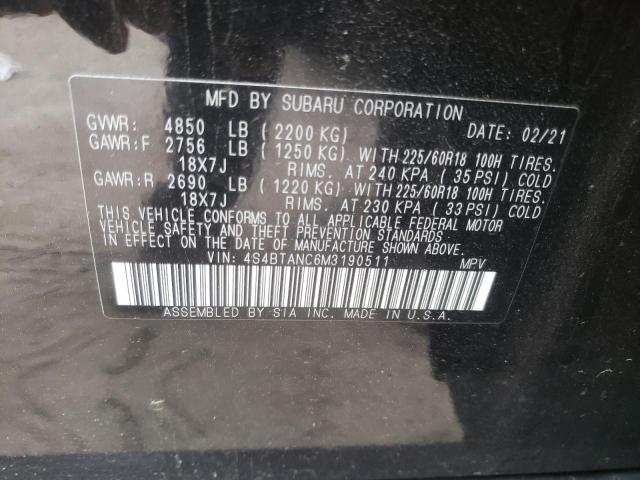 4S4BTANC6M3190511 - 2021 SUBARU OUTBACK LI BLACK photo 10