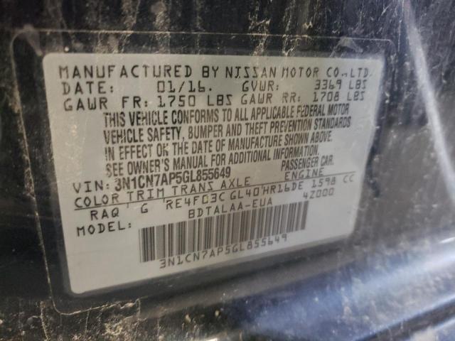 3N1CN7AP5GL855649 - 2016 NISSAN VERSA S BLUE photo 10