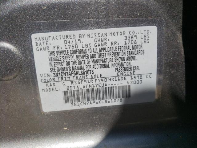 3N1CN7AP6KL861078 - 2019 NISSAN VERSA S GRAY photo 10