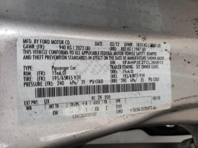 1FAHP3E27CL360613 - 2012 FORD FOCUS SILVER photo 10