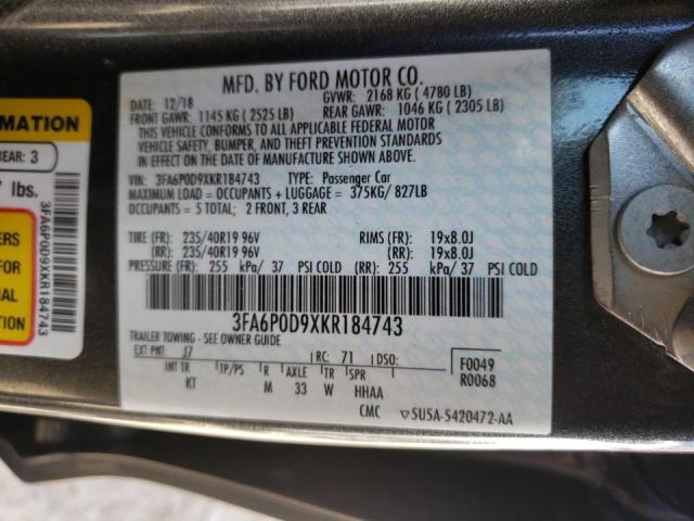 3FA6P0D9XKR184743 - 2019 FORD FUSION TIT GRAY photo 10