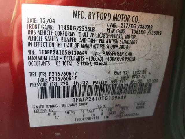 1FAFP24105G139649 - 2005 FORD FIVE HUNDR BURGUNDY photo 10