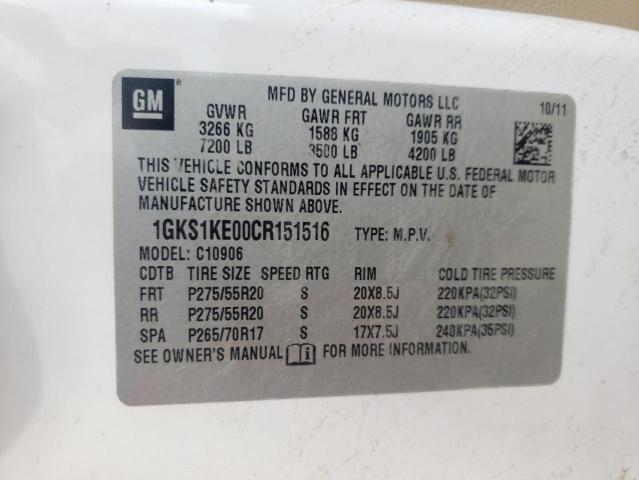 1GKS1KE00CR151516 - 2012 GMC YUKON XL C WHITE photo 10