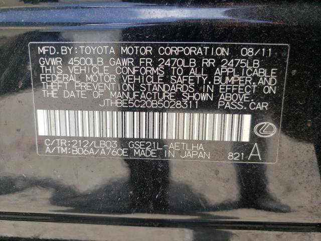 JTHBE5C20B5028311 - 2011 LEXUS IS 350 BLACK photo 10