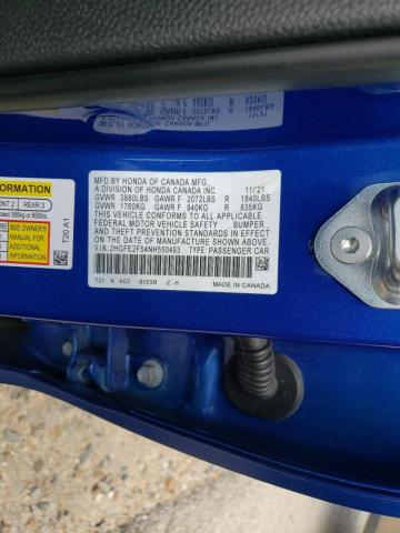 2HGFE2F54NH550493 - 2022 HONDA CIVIC SPOR BLUE photo 10