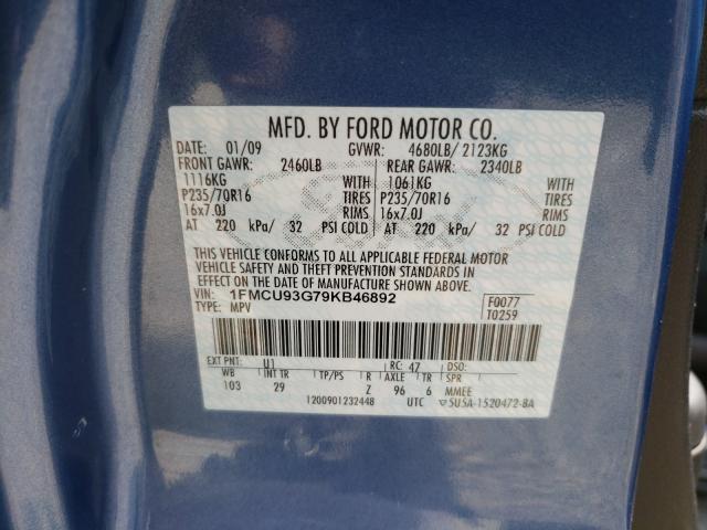 1FMCU93G79KB46892 - 2009 FORD ESCAPE XLT BLUE photo 10