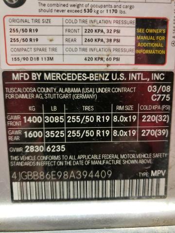 4JGBB86E98A394409 - 2008 MERCEDES-BENZ ML350 SILVER photo 10