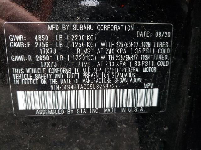 4S4BTACC9L3258737 - 2020 SUBARU OUTBACK PR BLACK photo 10