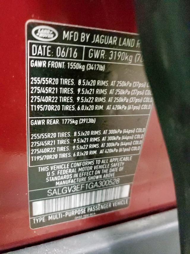 SALGV3EF1GA300528 - 2016 LAND ROVER RANGE ROVE BURGUNDY photo 10