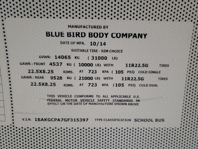 1BAKGCPA7GF315397 - 2016 BLUE BIRD SCHOOL BUS YELLOW photo 10